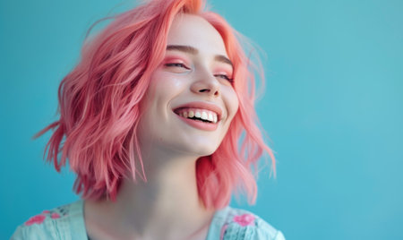 Portrait of a smiling girl with pink hair on a blue backgroundの素材