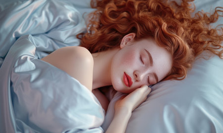Beautiful young woman lying in bed. insomnia, healthy sleep conceptの素材