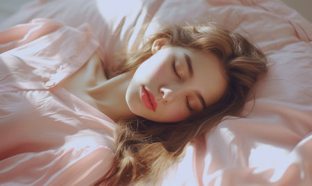 Beautiful young woman lying in bed. insomnia, healthy sleep conceptの素材