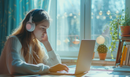 A girl in headphones does her homework at a table in a bright roomの素材