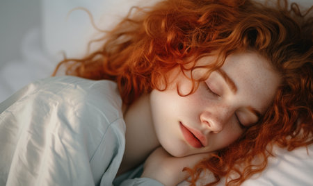 Beautiful young woman lying in bed. insomnia, healthy sleep conceptの素材