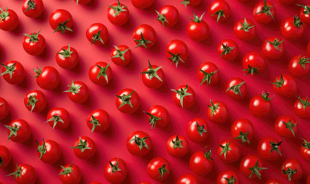 Creative pattern made of red tomatoes on a red background. Flat lay, top view.の素材