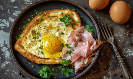 Breakfast with scrambled eggs, ham and parsley on dark backgroundの素材