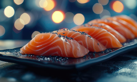 Salmon sashimi on black plate with bokeh backgroundの素材
