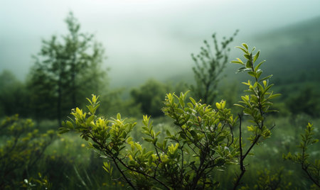 Sunrise in the mountains. Green grass on a background of fogの素材