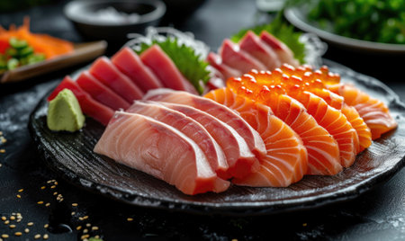 Salmon sashimi japanese food on a black backgroundの素材