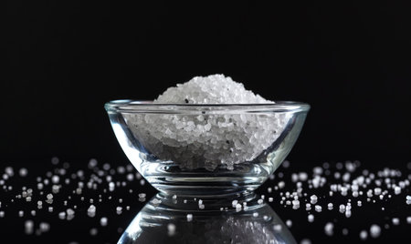 Salt in a glass bowl on black background. Shallow depth of field.の素材
