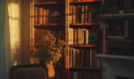Bookshelves with books and vase of flowers in sunlight.の素材