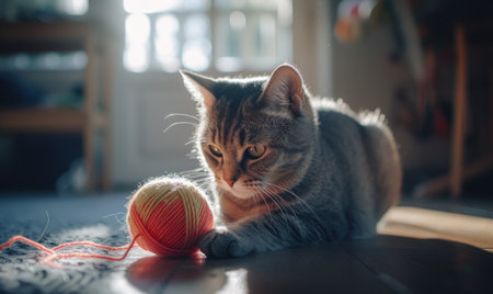 Cute tabby cat playing with ball of yarn at home.の素材