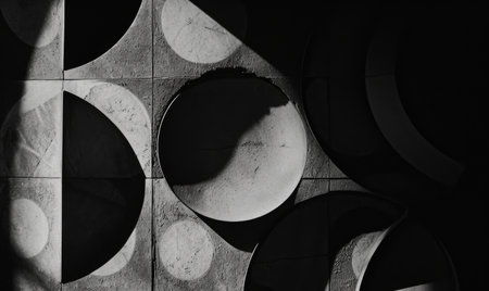 Abstract black and white wall background with circles and shadows. Close-up of details in street architectureの素材