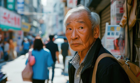 Closeup portrait of old man walking on the street in kyoto japanの素材