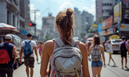 Rear view of a young woman with a backpack walking in the cityの素材