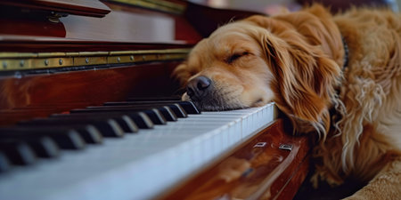 Spaniel lies on the piano keyboard closeupの素材