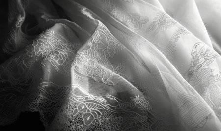 White lace fabric on black background. Closeup view of white fabric texture.の素材