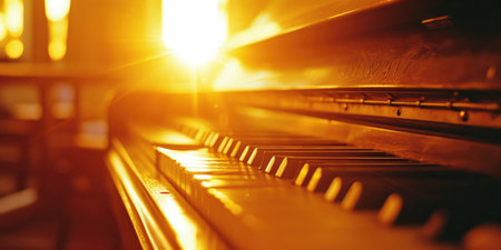 Close up of piano keys with golden bokeh background. Music conceptの素材