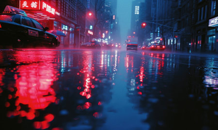 Rainy night in the city, closeup image of rainy road with reflected neon lightsの素材