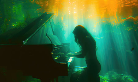 Beautiful mermaid playing the piano in the underwater world. Fantasy.の素材