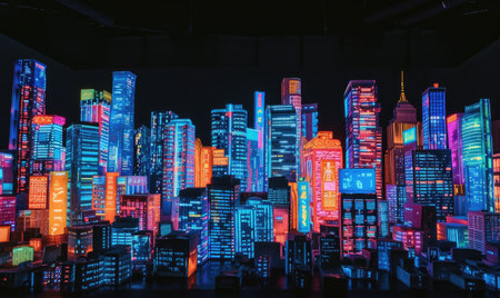 Colorful neon lights of city at night. Illuminated skyscrapersの素材