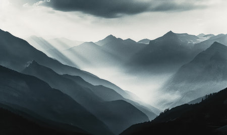 Black and white image of a mountain range in the fog. Mountains in the haze.の素材