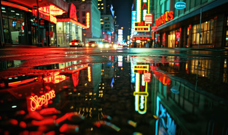 Night view of a street in the center of the city. neon signs reflected in the water. Shallow depth of field.の素材