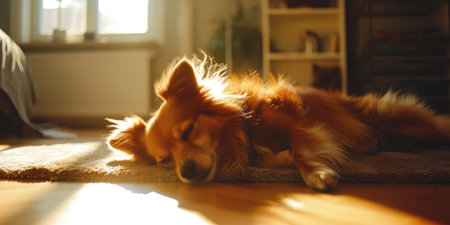 Cute dog lying on the floor at home in sunny day.の素材