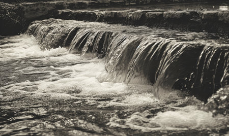 Small waterfall on the river. Selective focus. Monochrome photo of waterfall closeupの素材