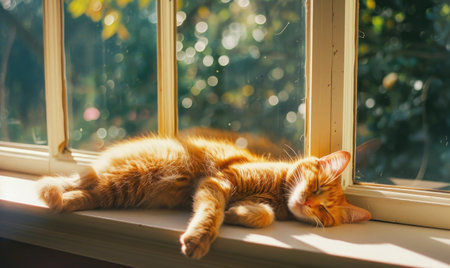 Cute ginger cat lying on the windowsill. Cat sleeping on windowsill in sunlightの素材