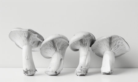 Group of mushrooms on a white background. Close-up. Monochrome.の素材