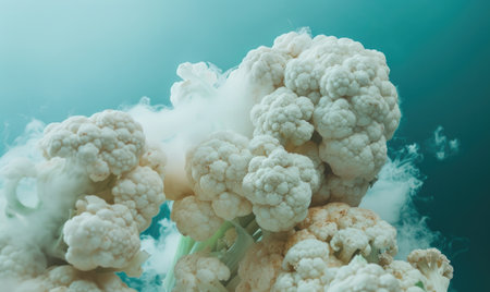 close up of cauliflower with smoke in water on blue background.の素材