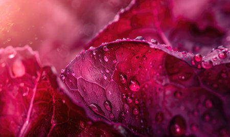 Red cabbage leaves with dew drops close-up macro photography.の素材