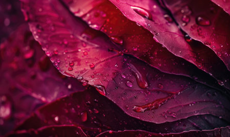 Close-up of red leaf with dew drops. Nature backgroundの素材