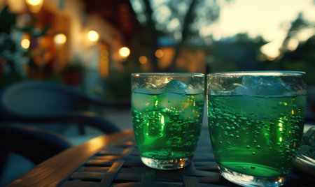 Two glasses of green soda with ice cubes on wooden table in cafeの素材