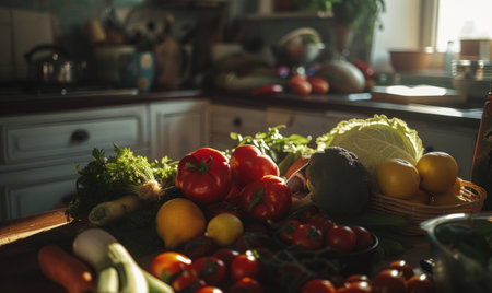 Fresh vegetables in the kitchen. Healthy food concept. Selective focus.の素材