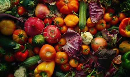 Variety of fresh organic vegetables as a background, top view.の素材