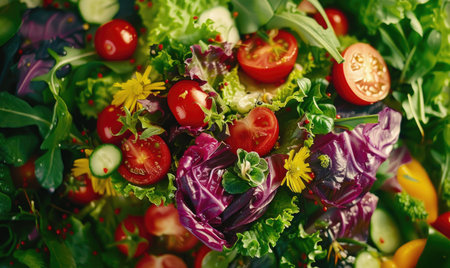 Vegetable salad with tomato, cucumber, lettuce, radish, onion, arugulaの素材
