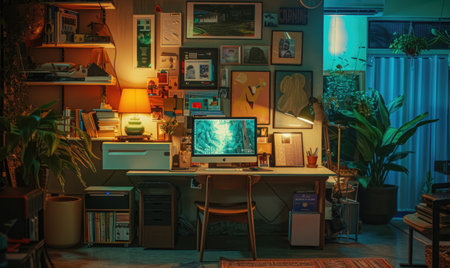 Interior of a room with a computer on the table. Workplaceの素材