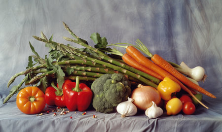 a lot of fresh vegetables on a gray background, close-upの素材