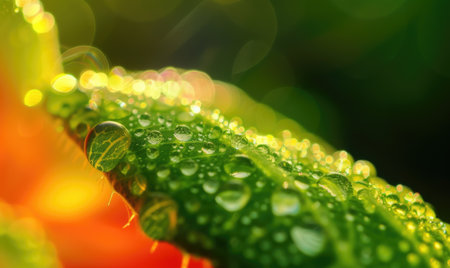 Macro closeup of water drop on green leaf with bokeh backgroundの素材