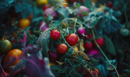 Tomatoes in the garden. Selective focus. Toned.の素材