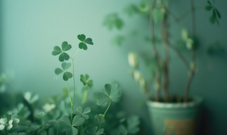Clover plant in pot on blue wall background with copy space.の素材