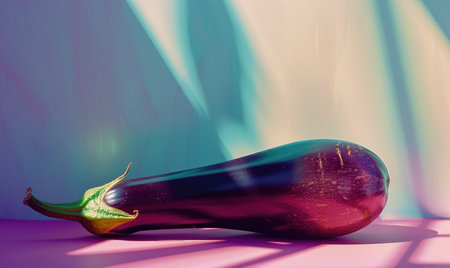 Purple eggplant on a colored background with a shadow from the sunの素材