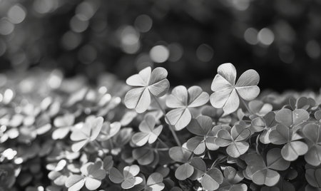 Clover leaves in black and white with bokeh background.の素材