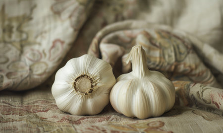 Garlic on the table. Vintage style. Selective focus.の素材