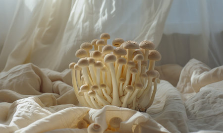 Shimeji mushrooms on white fabric background. Shimeji mushroomsの素材