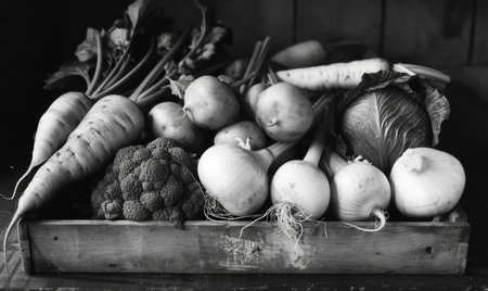 Fresh vegetables in a wooden box on a wooden table. Black and white photo.の素材