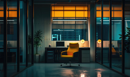 Interior of modern office at night with yellow armchair and computer table.の素材
