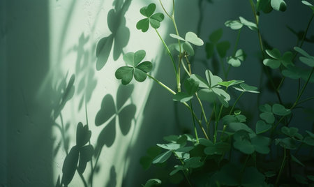 Green leaves of clover on a white wall with shadows and lightの素材