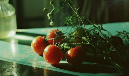 Tomatoes and herbs on a kitchen table. Selective focus.の素材