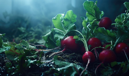 Red radish growing in the garden. Selective focus.の素材