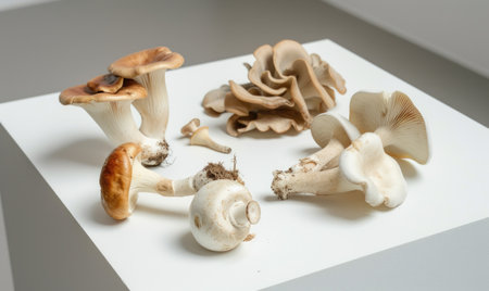 Mushrooms on a white table. Shallow depth of field.の素材